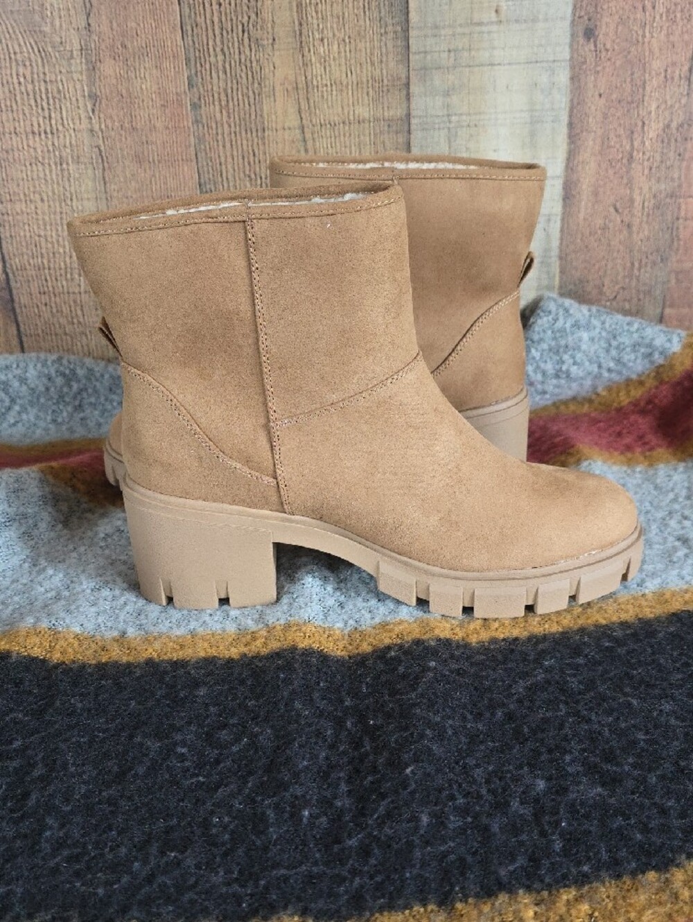 Chunky Lug Heel Suede Ankle Boots in Tan - Picture 6 of 10